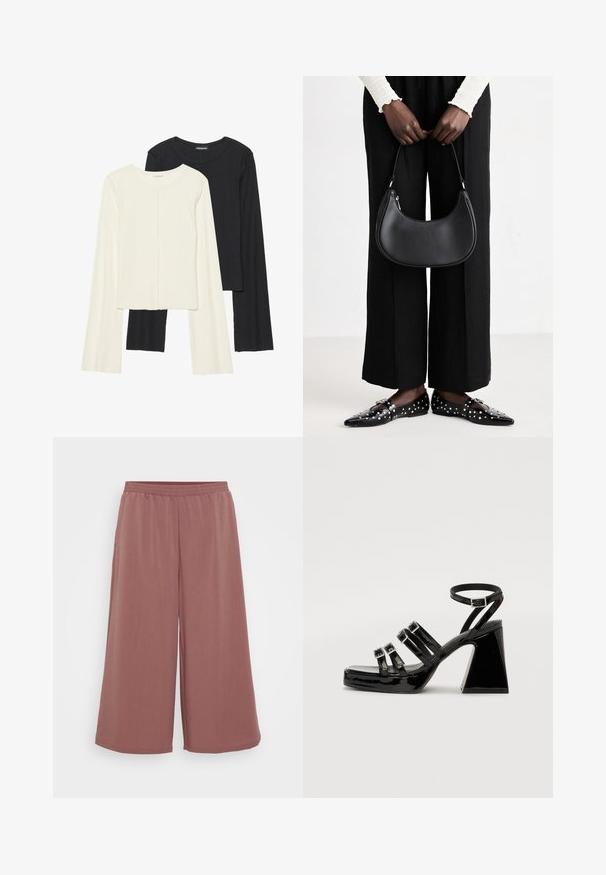 Sett med to langermede topper i hvit og svart. Ribbete tekstur, rund hals, tettsittende design med lett utsvingte ermer.; Videbukser i et blødt, struktureret stof med elastisk linning. Farven er en dæmpet rosafarve, som fremhæver den lette silhuet.; Sorte patentlæder hælede sandaler med firkantet tå, flere remme, justerbar ankelrem og en chunky geometrisk hæl.; Svart skinn skulderveske med en avrundet form, glanset overflate og sølvfargede detaljer. Person iført sorte vide bukser og naglede loafers.