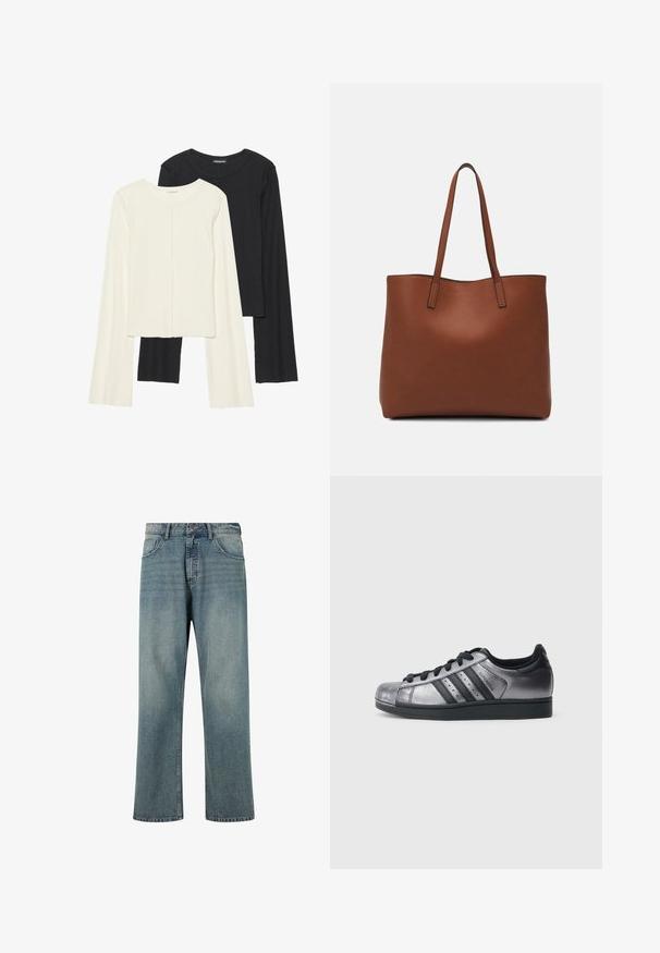 Sett med to langermede topper i hvit og svart. Ribbete tekstur, rund hals, tettsittende design med lett utsvingte ermer.; Lys blå denimjeans med rett snitt, fem-lomme-design, kontrasterende sømmer, og et klassisk liv med knappelukking.; Sorte og metallisk sølv sneakers med avrundet tå, tre svarte striper og teksturert overdel. Svarte lisser og gummisåle.; Brun lær tote veske med en jevn tekstur, åpen toppdesign og to skulderstropper. Har minimal søm og ingen synlige spiker.