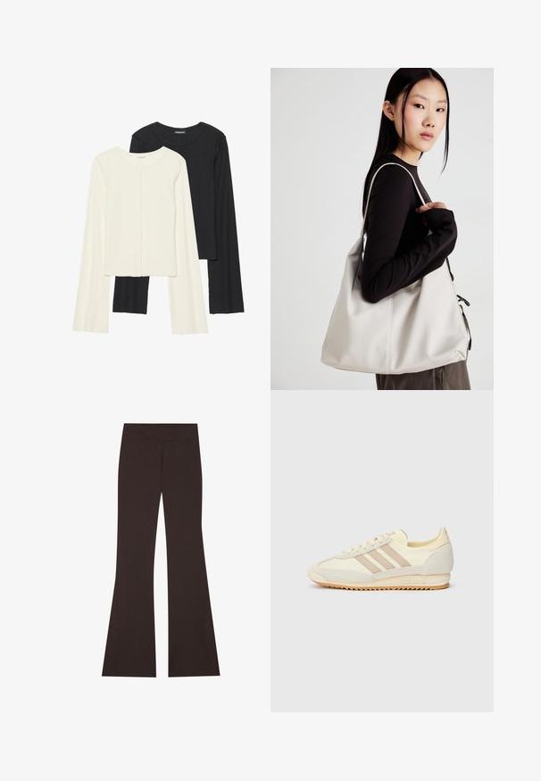 Set de două bluze cu mâneci lungi, una albă și una neagră. Textură ribbată, decolteu rotund, design ajustat cu mâneci ușor evazate.; Pantaloni maro evazați cu talie largă, confecționați din material elastic. Caracteristici slits laterale la tiv și cusături plate.; Adidași atletici crem cu trei dungi bej, realizati din materiale din suede și textil, cu o talpă texturată și un logo embosat pe toc.; Geantă bej din material moale, cu un design lejer, detalii cusute și două bretele pentru umăr. Potrivită pentru utilizarea zilnică.