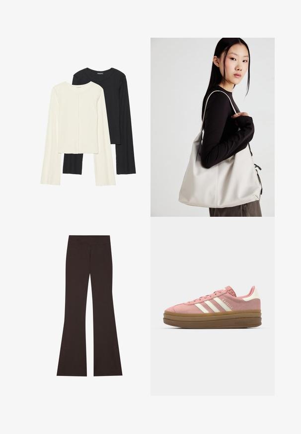 Divu garo piedurkņu tops komplekts baltā un melnā krāsā. Ribota tekstūra, apaļš kakls, pieguļoša dizaina ar nedaudz izplestām piedurknēm.; Brūnas platās bikses ar plašu jostas daļu, izgatavotas no elastīga materiāla. Iekļautas sānu šķembas apakšmalā un plakankotās šuves.; adidas Originals GAZELLE BOLD - Sporta apavi - mauve/off white; Bežs rokassoma, izgatavota no mīksta materiāla, ar brīvu dizainu, izšūtu apdari un divām plecu siksnām. Piemērota ikdienas lietošanai.