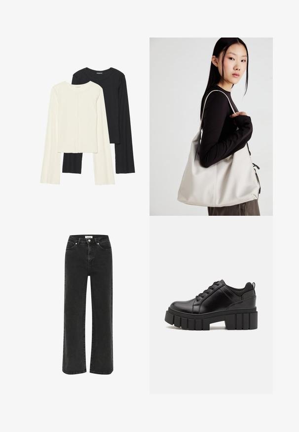 Set of two long-sleeve tops in white and black. Ribbed texture, round neck, fitted design with slightly flared sleeves.; Black wide-leg jeans made of denim, featuring a high waist, front pockets, and a zip fly with button closure. Subtle fading on fabric.; Black leather platform shoes with a chunky block heel, round toe, and traditional lace-up design. Features smooth texture and minimal detailing.; Beige handbag made of soft material, featuring a slouchy design, stitched detailing, and two shoulder straps. Suitable for everyday use.