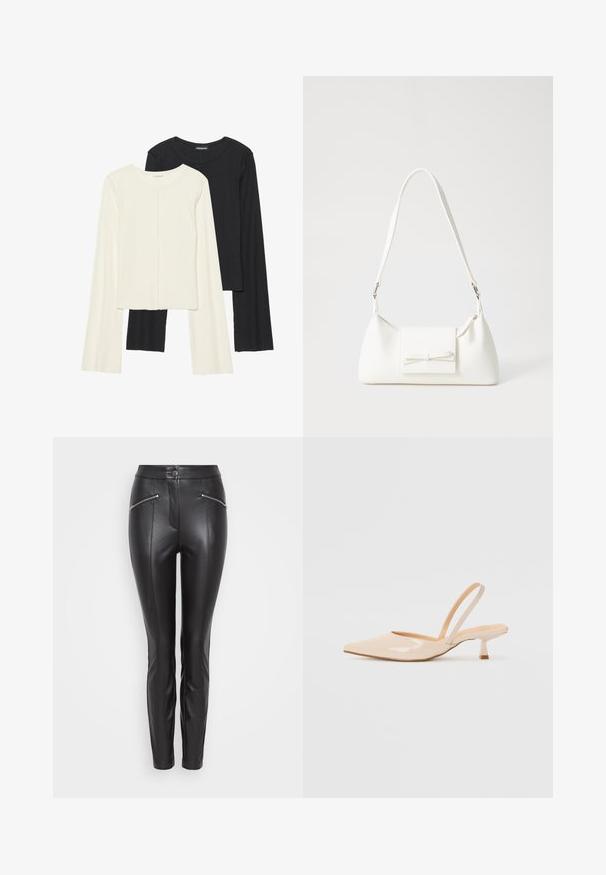 Set od dvije duge majice s dugim rukavima u bijeloj i crnoj boji. Rebrasta tekstura, okrugli izrez, uski kroj s blago raširenim rukavima.; Crne kožne hlače uskog kroja, s vertikalnim šavovima, zatvorenim džepom s patentnim zatvaračem s obje strane i kopčanjem na dugme u struku.; Bež sandale od lakirane kože s uskim vrhom i tankim, kvadratnim potpeticom. Glatka tekstura i minimalistički dizajn bez ukrasnih detalja.; Bijela sintetička torbica s trokutastim oblikom, ravnim prednjim poklopcem i detaljem u obliku mašne, podesivom remenom, glatkom teksturom i minimalističkim dizajnom.