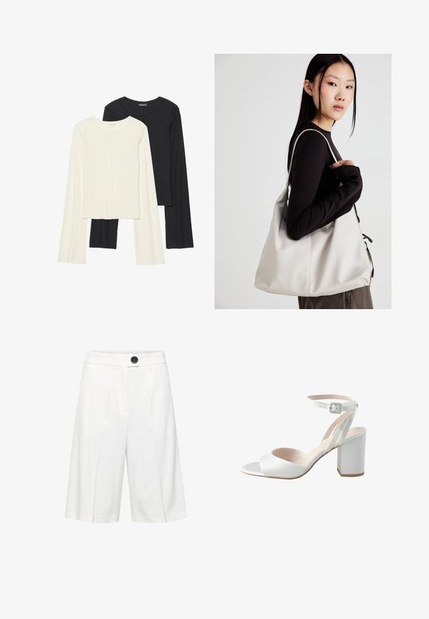 Set van twee longsleeve tops in wit en zwart. Geribbelde textuur, ronde hals, aansluitend ontwerp met licht uitlopende mouwen.; b.young BYRIZETTA - Shorts - off white; Witte hoge hak sandalen met een glanzende satijnen bovenkant, brede blokhak en enkelbandje met een kleine gesp. Glad van textuur, minimalistisch ontwerp.; Beige handtas gemaakt van zacht materiaal, met een slonzig ontwerp, gestikte details en twee schouderbanden. Geschikt voor dagelijks gebruik.