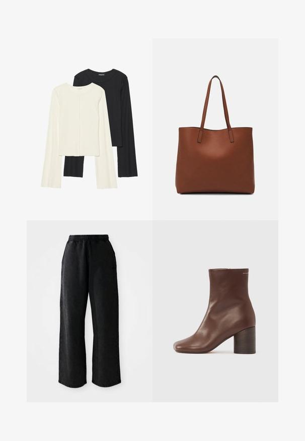 Két darabból álló hosszú ujjú felsők szettje fehér és fekete színben. Bordás textúra, kerek nyakkivágás, testhez simuló fazon, enyhén bővülő ujjakkal.; Fekete farmer jogger nadrág rugalmas derékkal, széles lábakkal és oldalsó zsebekkel. Simaság jellemzi, kontrasztos varrással.; Barna bőr bokacsizma sima felülettel, négyszögletes orral és masszív fa sarokkal, egyszerű oldalsó cipzárral.; Barna bőr vászontáska sima textúrával, nyitott tetejű dizájnnal és két vállpánttal. Minimális varrással és látható hardver nélkül készült.