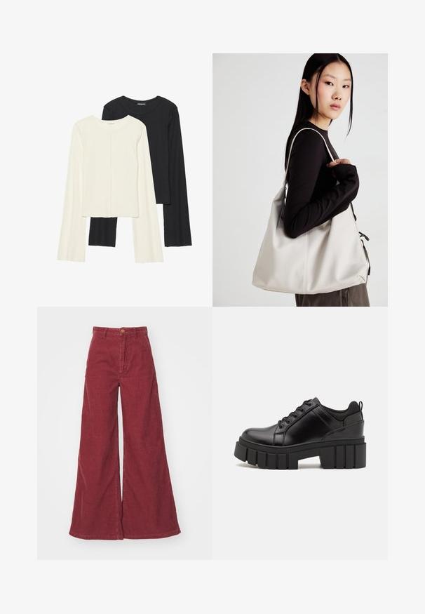 Set de două bluze cu mâneci lungi, una albă și una neagră. Textură ribbată, decolteu rotund, design ajustat cu mâneci ușor evazate.; Pantaloni largi din corduroy de culoare burgundă. Caracteristici: ribbing vertical, talie înaltă și închidere cu nasture în față. Textură netedă.; Pantofi cu talpă plată din piele neagră, cu toc gros, vârf rotund și design tradițional cu șireturi. Prezintă o textură netedă și detalii minime.; Geantă bej din material moale, cu un design lejer, detalii cusute și două bretele pentru umăr. Potrivită pentru utilizarea zilnică.