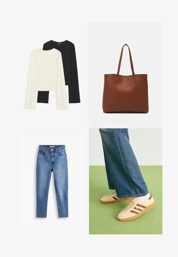 Conjunto de dos camisetas de manga larga en blanco y negro. Textura acanalada, cuello redondo, diseño ajustado con mangas ligeramente acampanadas.; Jean de mujer de tiro alto en azul con cierre delantero de botones y cremallera, con trabillas para cinturón y diseño de cinco bolsillos, plano sobre fondo blanco.; Zapatillas beige con paneles de crema texturizados y rayas marrones, combinadas con unos jeans de mezclilla azul. Los jeans tienen un corte de pierna ancha y dobladillo deshilachado.; Bolso tote de cuero marrón con una textura suave, diseño de apertura superior y dos correas para el hombro. Presenta una costura mínima y sin herrajes visibles.