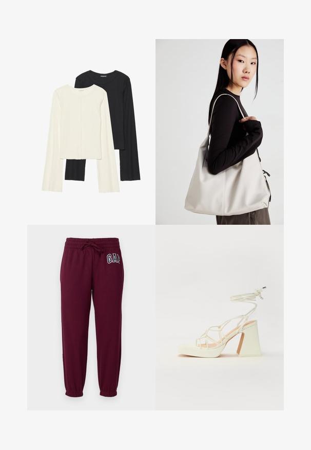 Divu garo piedurkņu tops komplekts baltā un melnā krāsā. Ribota tekstūra, apaļš kakls, pieguļoša dizaina ar nedaudz izplestām piedurknēm.; GAP Petite HERITAGE - Treniņtērpa apakšdaļas - ruby wine; Baltas augstpapēžu sandales ar masīvu papēdi, ar siksnu dizainu un potītes saistītiem elementiem. Gluda tekstūra ar platformu priekšpusē, lai nodrošinātu papildu augstumu.; Bežs rokassoma, izgatavota no mīksta materiāla, ar brīvu dizainu, izšūtu apdari un divām plecu siksnām. Piemērota ikdienas lietošanai.