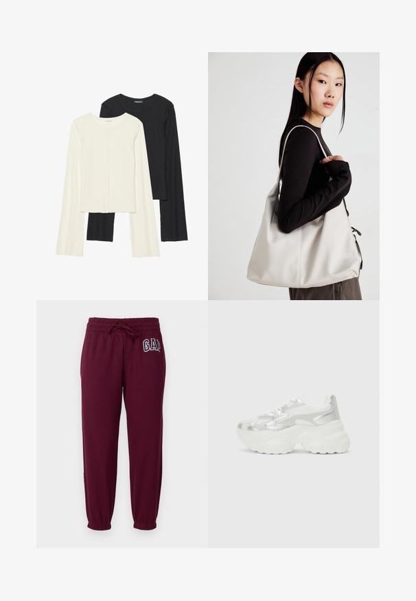 Set of two long-sleeve tops in white and black. Ribbed texture, round neck, fitted design with slightly flared sleeves.; GAP Petite HERITAGE - Tracksuit bottoms - ruby wine; Silver sneaker with a textured mesh upper and iridescent accents, featuring a chunky white sole and lace-up closure.; Beige handbag made of soft material, featuring a slouchy design, stitched detailing, and two shoulder straps. Suitable for everyday use.