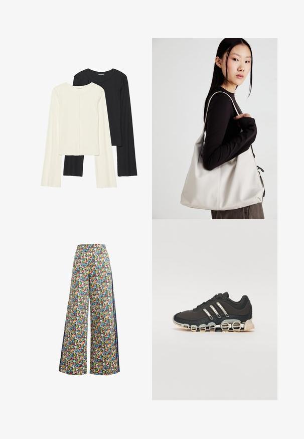 Conjunto de duas blusas de manga longa em branco e preto. Textura canelada, decote redondo, design ajustado com mangas ligeiramente evasê.; Calças largas florais com um fundo azul, apresentando um padrão colorido de flores vermelhas, amarelas e azuis, e um cós elástico.; Shoe desportivo preto com um upper texturizado, três riscas prateadas e uma sola de amortecimento distinta, apresentando múltiplas secções integradas.; Uma bolsa bege feita de material macio, com um design descontraído, detalhes de costura e duas alças para o ombro. Adequada para uso diário.