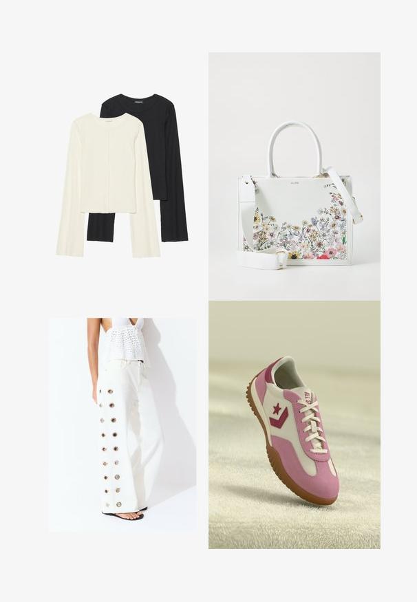 Set of two long-sleeve tops in white and black. Ribbed texture, round neck, fitted design with slightly flared sleeves.; White wide-leg pants with metal grommet detailing along the side, featuring a smooth texture and a relaxed silhouette.; Pink and white sneaker with rubber, textured sole. Features a star logo and contrasting accents. Smooth upper with lace detailing.; White faux leather handbag with floral print design at the bottom, dual top handles, and an adjustable shoulder strap.; Black multi-strand necklace featuring intertwined strings and gold-tone accents, creating a layered design with varying lengths and textures.
