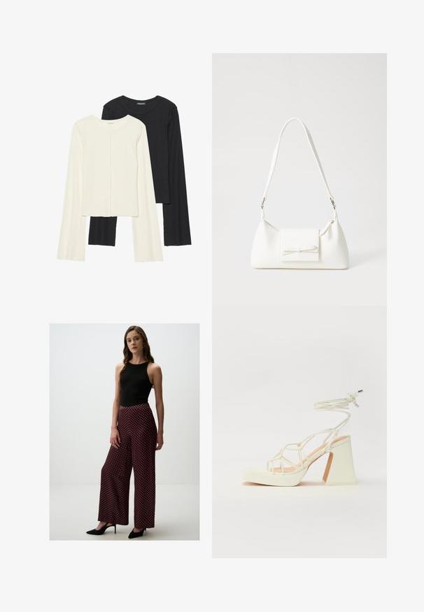 Set van twee longsleeve tops in wit en zwart. Geribbelde textuur, ronde hals, aansluitend ontwerp met licht uitlopende mouwen.; Zwarte mouwloze top met hoge hals, gecombineerd met wijde broek met een rood-wit geometrisch patroon. Zwarte puntige hakken.; Witte hoge hakken sandaal met een chunky hak, met een bandjesontwerp en enkelband. Gladde textuur met een plateau voor extra hoogte.; Witte synthetische handtas met een driehoekige vorm, platte voorklep en strikdetail, verstelbare schouderriem, gladde textuur en minimalistisch ontwerp.