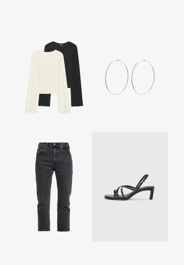 Zestaw dwóch bluzek z długim rękawem w kolorze białym i czarnym. Prążkowana struktura, okrągły dekolt, dopasowany fason z lekko rozszerzanymi rękawami.; Czarne dżinsy o prostym kroju nogawki, wysokim stanie, pięciu kieszeniach oraz metalowym zapięciem na guzik. Subtelna faktura i detale przeszycia.; Czarne sandały na obcasie z prostokątnym noskiem i niskim słupkowym obcasem. Posiadają wiele cienkich pasków i regulowany pasek na kostkę. Wykonane z gładkiej skóry.; Srebrne kolczyki na kółku o gładkim, okrągłym kształcie i wypolerowanym wykończeniu. Są cienkie i lekkie, z prostym zapięciem.