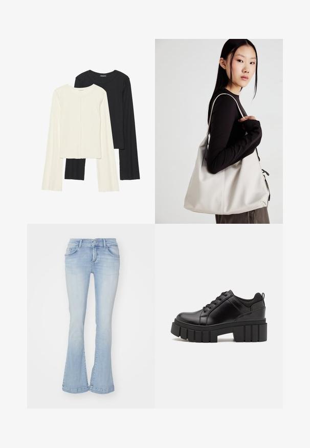 Conjunto de duas blusas de manga longa em branco e preto. Textura canelada, decote redondo, design ajustado com mangas ligeiramente evasê.; Jeans de flare azul claro em tecido denim com cinco bolsos, passantes para cinto e costura visível na bainha. Textura suave com ligeiro desbotamento.; Sapatos de plataforma em couro preto com um salto bloco robusto, bico redondo e design clássico de atacadores. Apresentam uma textura suave e detalhes mínimos.; Uma bolsa bege feita de material macio, com um design descontraído, detalhes de costura e duas alças para o ombro. Adequada para uso diário.