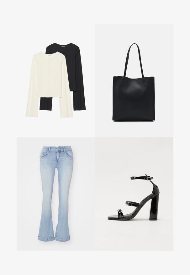 Set of two long-sleeve tops in white and black. Ribbed texture, round neck, fitted design with slightly flared sleeves.; Light blue flared jeans in denim fabric with five pockets, belt loops, and visible stitching on the hem. Smooth texture with slight fading.; Black patent high-heeled sandals with two buckle straps, square toe, and a chunky block heel, featuring a smooth, glossy texture.; Black leather tote bag with smooth texture, rectangular shape, and two long handles. No visible hardware or embellishments.