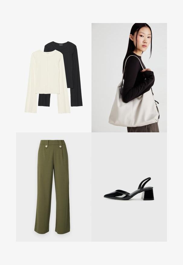 Két darabból álló hosszú ujjú felsők szettje fehér és fekete színben. Bordás textúra, kerek nyakkivágás, testhez simuló fazon, enyhén bővülő ujjakkal.; Oliva zöld, bő szárú nadrág sima anyagból, két elülső zsebbel és díszes ezüstszínű gombokkal a derékrészen.; Fekete lakk bőr szandálkés magas sarkú cipő, hegyes orral és geometrikus tömbsarkakkal. Karcsú, minimalista dizájn és sima textúra jellemzi.; Puha anyagból készült bézs kézitáska, laza dizájnnal, varrott részletekkel és két vállpánttal. Mindennapi használatra alkalmas.