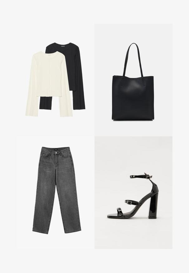 Két darabból álló hosszú ujjú felsők szettje fehér és fekete színben. Bordás textúra, kerek nyakkivágás, testhez simuló fazon, enyhén bővülő ujjakkal.; Fekete, magas derekú, egyenes szárú farmernadrág, elülső gombbal és zsebekkel, fehér háttér előtt bemutatva.; Fekete lakk magas sarkú szandál két csatos pánttal, négyzet alakú orral és tömzsi blokk sarokkal, sima, fényes felülettel.; Fekete bőrtáska sima felszínnel, téglalap alakú, két hosszú füllel. Nincs látható fémkiegészítő vagy díszítés.