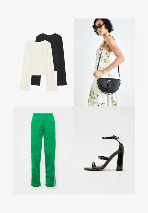 Két darabból álló hosszú ujjú felsők szettje fehér és fekete színben. Bordás textúra, kerek nyakkivágás, testhez simuló fazon, enyhén bővülő ujjakkal.; Zöld, sportos nadrág sima anyagból; elasztikus derékkal és fehér csíkos díszítéssel az oldalán.; Fekete lakk magas sarkú szandál két csatos pánttal, négyzet alakú orral és tömzsi blokk sarokkal, sima, fényes felülettel.; Fekete bőrtáska ívelt formával, levehető pánttal és arany színű fémrészekkel. A táskán egy csattal díszített fedél található.
