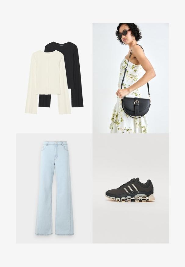 Két darabból álló hosszú ujjú felsők szettje fehér és fekete színben. Bordás textúra, kerek nyakkivágás, testhez simuló fazon, enyhén bővülő ujjakkal.; Világoskék farmer széles szárú nadrág magas derékkal, elülső zsebekkel és látható varrási részletekkel a varratoknál és a szegélyen.; Fekete sportcipő texturált felsőrésszel, három ezüst csíkkal, és egy jellegzetes párnázott talppal, amely több integrált szakaszból áll.; Fekete bőrtáska ívelt formával, levehető pánttal és arany színű fémrészekkel. A táskán egy csattal díszített fedél található.