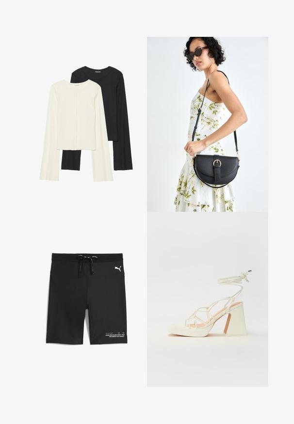 Set od dvije duge majice s dugim rukavima u bijeloj i crnoj boji. Rebrasta tekstura, okrugli izrez, uski kroj s blago raširenim rukavima.; Crne kupaćice s vezicom u struku, elastičnim rubovima i Puma logotipom. Ima bijeli tekstualni detalj na donjoj prednjoj strani. Glatki, rastezljivi materijal.; Bijela sandala na visokoj potpetici s debelim petom, s remenom i vezanjem oko gležnja. Glatka tekstura s platformom sprijeda za dodatnu visinu.; Crna kožna torba s lukovitim oblikom, odvojivim remenom i zlatnim detaljima. Torba ima preklop s kopčom.