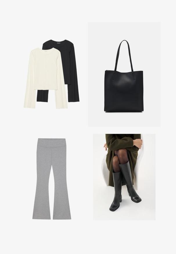 Conjunto de duas blusas de manga longa em branco e preto. Textura canelada, decote redondo, design ajustado com mangas ligeiramente evasê.; Leggings cinzentos e abertos na parte inferior, feitos de um tecido macio e elástico. Apresentam uma cintura suave e uma parte da coxa ajustada que se alarga na barra.; Botas de couro pretas até ao joelho com biqueira quadrada e salto em bloco, apresentadas com um modelo sentado num casaco verde-azeitona. Textura lisa, com detalhes mínimos.; Bolsa tote preta em couro com textura lisa, forma retangular e duas alças longas. Sem hardware ou enfeites visíveis.