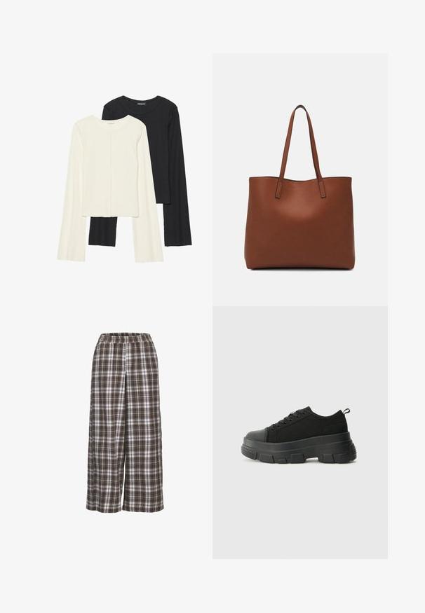 Nabor dveh dolgih rokavov v beli in črni barvi. Žameten vzorec, okrogla ovratnica, prilegajoča zasnova z rahlo razširjenimi rokavi.; Hlače širokega kroja s karo vzorcem v rjavi, beli in sivi barvi; elastičen pas; mehak material; klasičen karo vzorec.; Črne teniske z debelim gumijastim podplatom, zgornji del iz teksturirane tkanine, okrogla punta in zavezovanje z vrvicami. Vključujejo ojačane luknje za vrvice in zanko na hrbtu.; Rjava usnjena torba z gladko teksturo, odprto zasnovo zgoraj in dvema naramnima trakovoma. Opremljena je z minimalnim šivanjem in brez vidnih kovinskih delov.