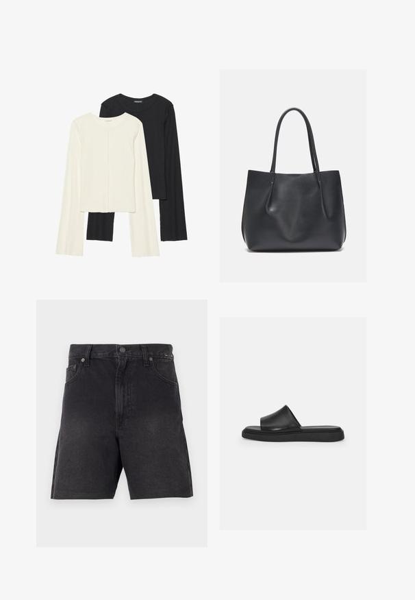 Ensemble de deux hauts à manches longues en blanc et noir. Texture côtelée, col rond, design ajusté avec des manches légèrement évasées.; Shorts en denim noir à coupe droite, avec fermeture à bouton, poches avant et un tissu texturé. Design minimaliste, sans motifs visibles.; Sandale glissante noire avec un dessus en cuir lisse, une large bande et une semelle en caoutchouc plate, arborant un design minimaliste sans matériel visible.; Sac fourre-tout en cuir noir avec deux longues poignées, texture lisse et silhouette douce. Pas de matériel visible ni de motifs.