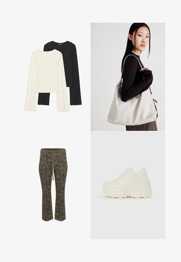 Nabor dveh dolgih rokavov v beli in črni barvi. Žameten vzorec, okrogla ovratnica, prilegajoča zasnova z rahlo razširjenimi rokavi.; Elastični pas s vrvico v kaki in belem zebra vzorcu. Srednje visok pas, oblikovani hlačnic, mehak material. Primerne za priložnostno nošenje.; Bele platformske tene z belim zgornjim delom, ki spominja na usnje, okroglo obliko, oblazinjen ovratnik ter gumo z teksturo na podplatu z izrazitimi profili.; Bežna torbica iz mehkega materiala, z ohlapno zasnovo, šivi in dvema naramnicama. Primerna za vsakodnevno uporabo.