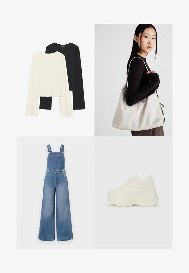 Set med två långärmade toppar i vitt och svart. Ribbade texturer, rund hals, figurnära design med något utställda ärmar.; Denimoverall i ljusblått, med vida ben, justerbara axelremmar, en framficka och silverdetaljer. Tyget har en subtil struktur.; Vita plattformssneakers med en slät läderliknande överdel, rundad form, vadderad krage och texturerad gummisula med definierade mönster.; Beige handväska tillverkad av mjukt material, med en avslappnad design, sydda detaljer och två axelremmar. Lämplig för dagligt bruk.