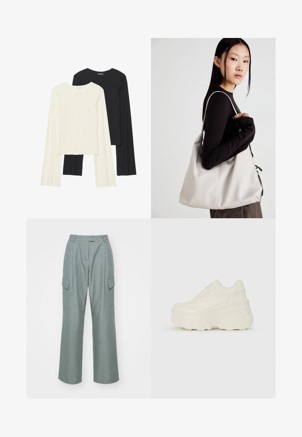 Set od dvije duge majice s dugim rukavima u bijeloj i crnoj boji. Rebrasta tekstura, okrugli izrez, uski kroj s blago raširenim rukavima.; Svijetlozelene široke cargo hlače imaju dva bočna džepa, ravno prednje dio i glatku teksturu, dizajnirane za opušteni kroj.; Bijele platformske tenisice s glatkim gornjim dijelom koji nalikuje koži, zaobljenim oblikom, podstavljenim okvirom i teksturiranim gumeni potplat s definiranom profilacijom.; Bežna torba od mekog materijala s opuštenim dizajnom, šivanim detaljima i dva remena za rame. Pogodna za svakodnevnu upotrebu.