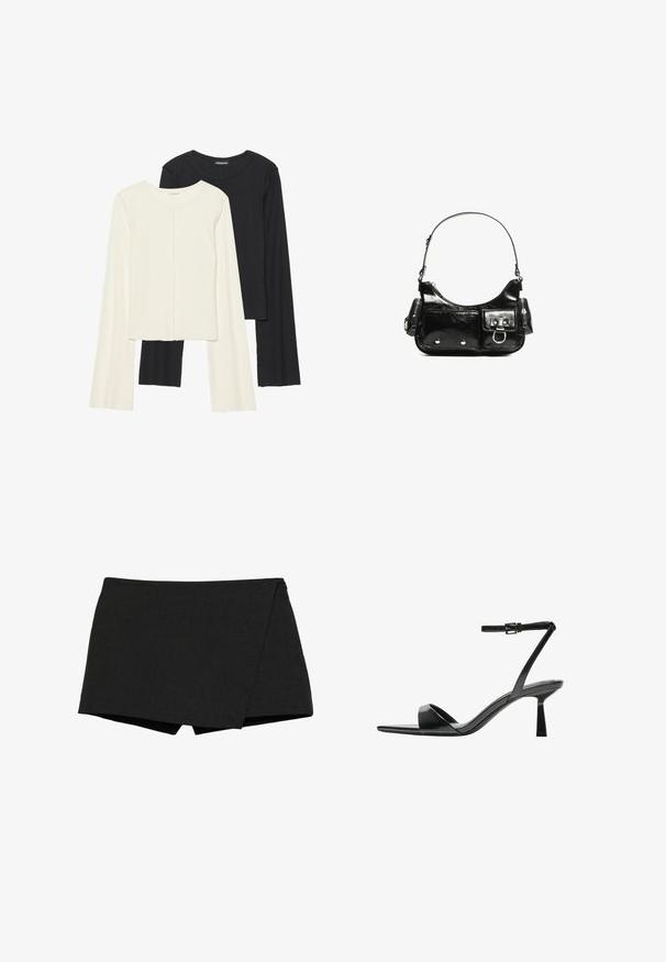 Sæt med to langærmede toppe i hvid og sort. Ribbet tekstur, rund halsudskæring, tætsiddende design med let udvidede ærmer.; Sorte, letvægts shorts med indpakningsdesign. Har en glat overflade og skarpe kanter. Lige kant og ingen synlige lukninger.; Bershka Højhælede sandaletter / Højhælede sandaler - black; Sort patenteret læder håndtaske med en buet form, en skulderrem, frontlommer og hardware accenter i sølvfarve.