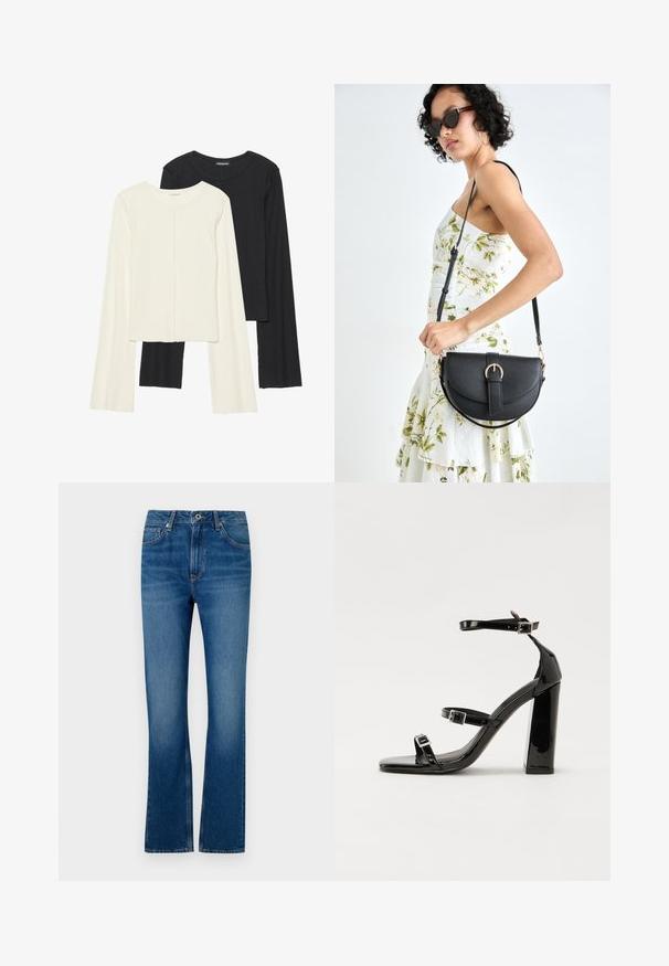 Set di due maglie a maniche lunghe, bianche e nere. Texture a coste, scollo tondo, design aderente con maniche leggermente svasate.; Jeans a zampa d'elefante in denim blu con design a cinque tasche, chiusura con zip e una texture sfumata. Include dettagli di cucitura e una vita standard.; Sandali con tacco alto in vernice nera con due cinturini con fibbia, punta quadrata e tacco spesso a blocco, caratterizzati da una texture liscia e lucida.; Borsa a tracolla nera in pelle con una forma curva, manico rimovibile e accessori dorati. La borsa presenta una patta con un dettaglio a fibbia.