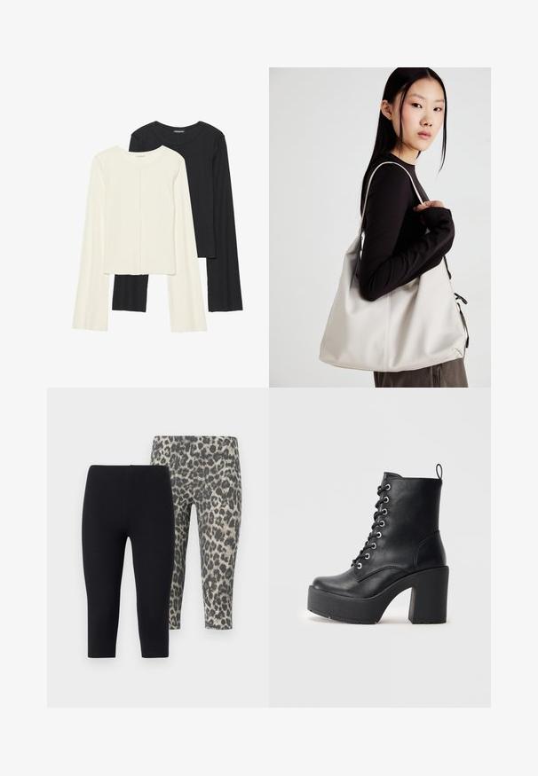 Conjunto de duas blusas de manga longa em branco e preto. Textura canelada, decote redondo, design ajustado com mangas ligeiramente evasê.; Duas pares de leggins cropped: um em preto sólido, o outro com um padrão de leopardo cinza. Tecido macio e elástico com uma cintura elástica.; Botim de pele preta até ao tornozelo com um salto bloco chunky, frente com atacadores e superfície texturizada. Apresenta uma lingueta na parte de trás para um uso fácil.; Uma bolsa bege feita de material macio, com um design descontraído, detalhes de costura e duas alças para o ombro. Adequada para uso diário.