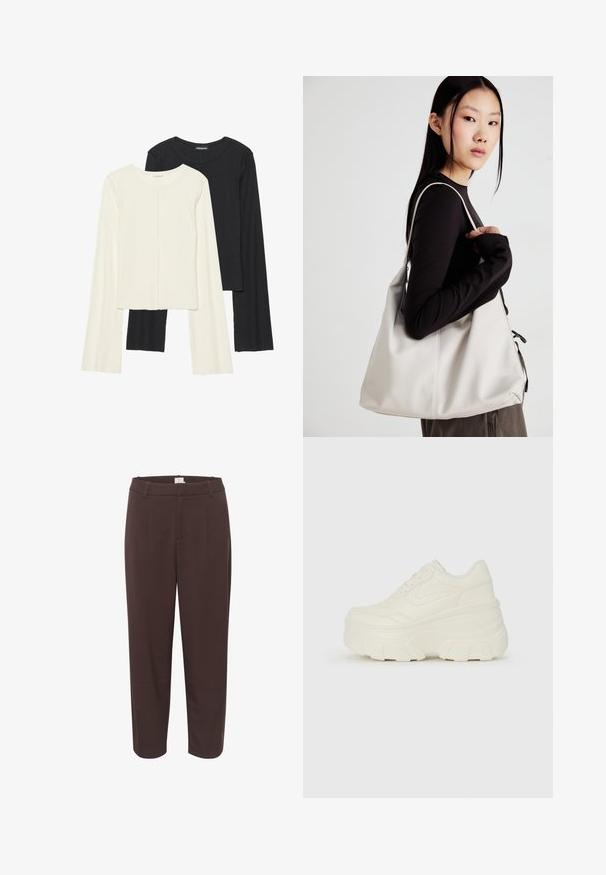 Set of two long-sleeve tops in white and black. Ribbed texture, round neck, fitted design with slightly flared sleeves.; Brown trousers in a tailored design, featuring a waistband, front pleats, and a straight leg cut. Smooth texture and minimal detailing.; White platform sneakers featuring a smooth leather-like upper, rounded shape, padded collar, and textured rubber sole with defined treads.; Beige handbag made of soft material, featuring a slouchy design, stitched detailing, and two shoulder straps. Suitable for everyday use.
