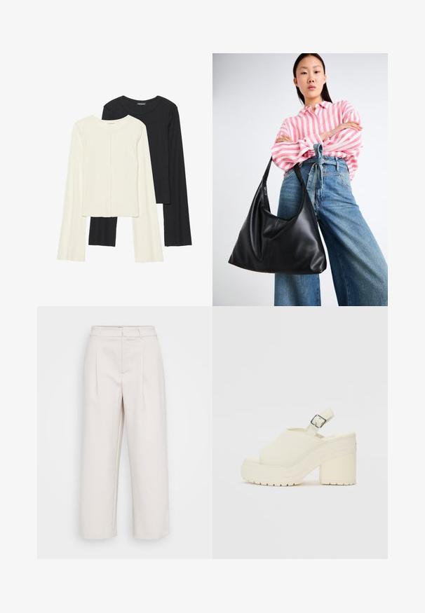 Súprava dvoch dlhých rukávov v bielej a čiernej farbe. Žebrovaná textúra, okrúhly výstrih, priliehavý strih s mierne rozšírenými rukávmi.; Béžové široké nohavice vyrobené z hladkej látky, so zdvojenými záhybmi vpredu, pásom s pútkami na opasok a rovnými lemami.; Biele platformové topánky s otvorenou špičkou a popruhom na päte. Vyrobené z textúrovaného materiálu, s hrubou podrážkou a protišmykovým vzorom.; Čierna kožená taška cez rameno s uvoľneným tvarom a detailmi švov. Model má na sebe ružovú a bielu prúžkovanú košeľu a široké modré džínsy.