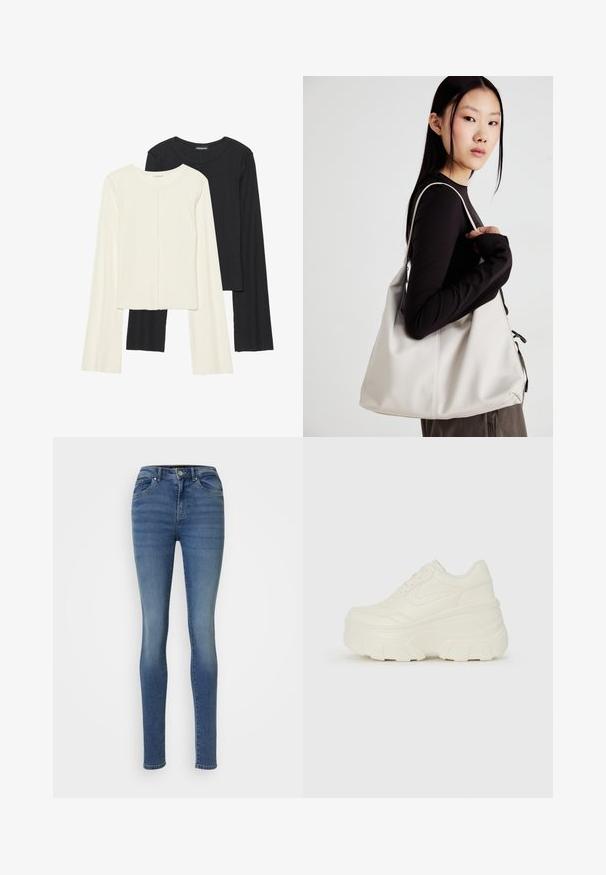 Dviejų ilgomis rankovėmis marškinėlių rinkinys, baltas ir juodas. Raukšlėta tekstūra, apvalus kaklas, prigludusi forma su šiek tiek platėjančiomis rankovėmis.; Lieknos džinsinės kelnės vidutinės mėlynos spalvos, su aukštu liemeniu, penkiomis kišenėmis ir lygiu paviršiumi su minimaliu blukimu.; Baltos platformos sportbačiai su lygiu odos primenančiu paviršiumi, apvalia forma, paminkštintu apykakle ir tekstūruotu guminiu padu su ryškiais protektoriais.; Bežinė rankinė, pagaminta iš minkštos medžiagos, turinti laisvą dizainą, siuvinėtas detalės ir dvi petnešos. Tinkama kasdieniam naudojimui.