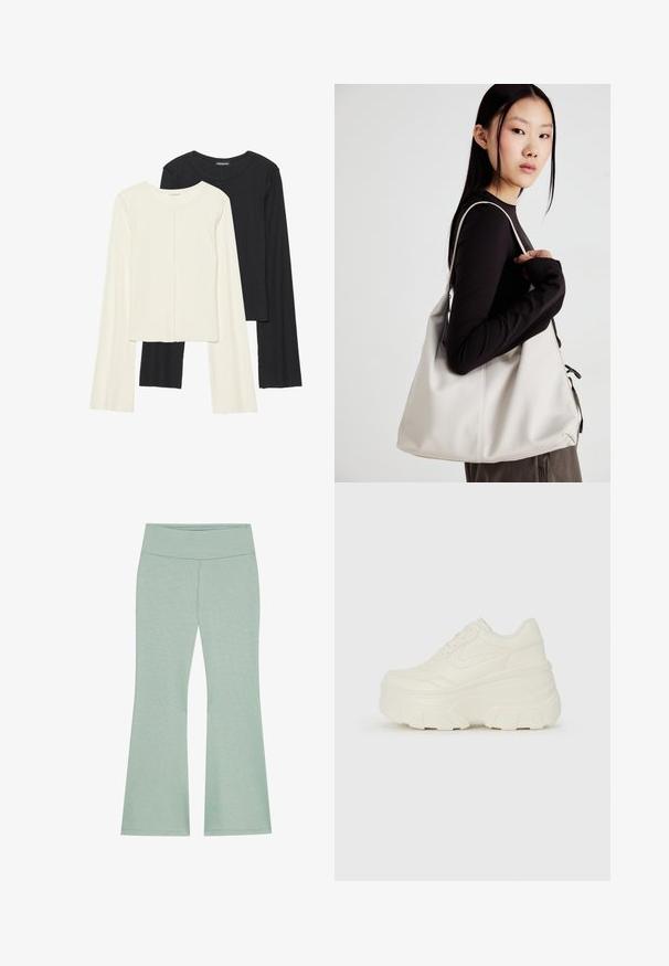 Set van twee longsleeve tops in wit en zwart. Geribbelde textuur, ronde hals, aansluitend ontwerp met licht uitlopende mouwen.; Lichtgroene flared pants met een brede tailleband, gemaakt van zachte, gestructureerde stof. Beschikt over een subtiel heidelkoordpatroon door het geheel.; Witte platform sneakers met een gladde leren bovenkant, afgeronde vorm, gewatteerde kraag en een gestructureerde rubberen zool met duidelijke profiel.; Beige handtas gemaakt van zacht materiaal, met een slonzig ontwerp, gestikte details en twee schouderbanden. Geschikt voor dagelijks gebruik.