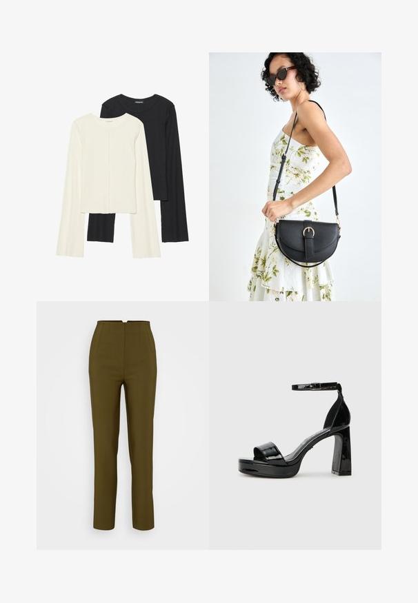 Súprava dvoch dlhých rukávov v bielej a čiernej farbe. Žebrovaná textúra, okrúhly výstrih, priliehavý strih s mierne rozšírenými rukávmi.; Olivové zelené nohavice s vysokým pásom, s prednými záhybmi a rovnými nohavicami, vyrobené z hladkej tkaniny.; Buffalo ALICE NEAT - Sandále na vysokom opätku - black; Čierna kožená kabelka s zaobleným tvarom, odnímateľným popruhom a zlatými doplnkami. Kabelka má klopu s detailom s prackou.