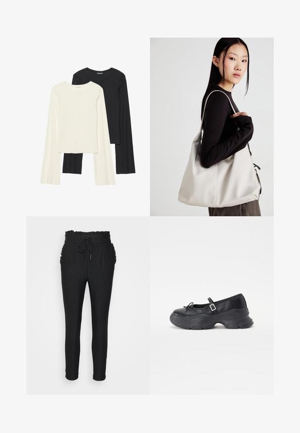 Set van twee longsleeve tops in wit en zwart. Geribbelde textuur, ronde hals, aansluitend ontwerp met licht uitlopende mouwen.; ONLY Petite ONLPOPTRASH CLASSI PINSTRIPE FRILL - Broek - black; Zwarte leren Mary Jane-schoen met een ronde neus, strikdetails en een verstelbare enkelband. Beschikt over een chunky rubberen zool met gebogen accenten.; Beige handtas gemaakt van zacht materiaal, met een slonzig ontwerp, gestikte details en twee schouderbanden. Geschikt voor dagelijks gebruik.