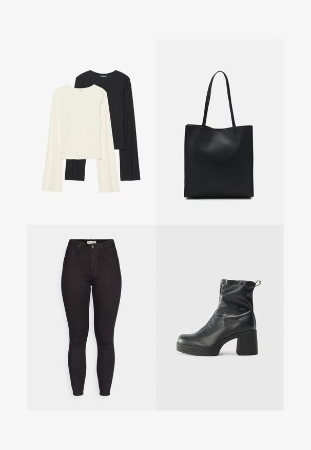 Σέτ δύο μακρυμάνικων μπλουζών σε λευκό και μαύρο. Ριπ υφή, στρογγυλή λαιμόκοψη, εφαρμοστή γραμμή με ελαφρώς φαρδιές μανίκες.; Μαύρο ψηλόμεσο στενό τζιν με μπροστινό κουμπί και φερμουάρ, θηλιές ζώνης και πέντε τσέπες που παρουσιάζεται σε λευκό φόντο.; Μαύρες μποτές μέχρι τον αστράγαλο από λείο δέρμα, με πλευρικό φερμουάρ, χοντρό υφασμάτινο τακούνι και στρογγυλή μύτη.; Μαύρη δερμάτινη τσάντα tote με λείο υφή, ορθογώνιο σχήμα και δύο μακριές λαβές. Χωρίς ορατό υλικό ή διακοσμητικά στοιχεία.