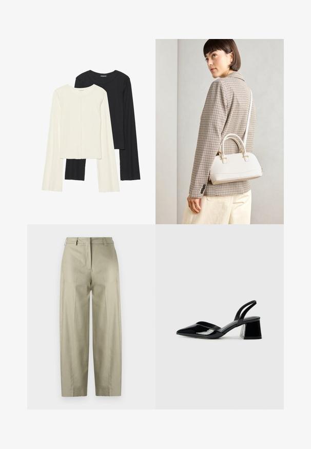 Conjunto de duas blusas de manga longa em branco e preto. Textura canelada, decote redondo, design ajustado com mangas ligeiramente evasê.; Calças largas bege feitas de um tecido suave. Apresenta pregas, fecho com zip e passantes para cinto. Corte reto desde a cintura até a bainha.; Sandy em verniz preto com salto slingback, ponta afilada e salto geométrico. Apresenta um design elegante e minimalista com textura suave.; Bolsa estruturada branca com alças curtas e uma alça de ombro, com detalhes em hardware dourado e material texturizado, exibida contra um fundo cinza.