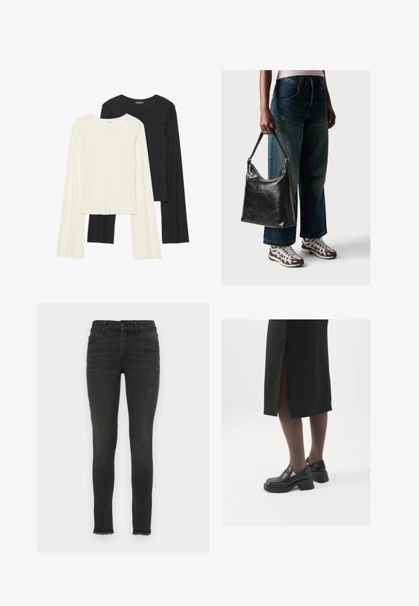 Két darabból álló hosszú ujjú felsők szettje fehér és fekete színben. Bordás textúra, kerek nyakkivágás, testhez simuló fazon, enyhén bővülő ujjakkal.; Fekete farmer skinny nadrág magas derekkal, szakadt szegéllyel és finom elhalványulásokkal. Klasszikus öt zsebes dizájn és gombos zárás.; Fekete bőr cipők lekerekített orral, vastag blokk sarkakkal és elasztikus oldalsó díszítésekkel, sötét harisnyával és hasítékkal ellátott fekete szoknyával párosítva.; Fekete bőr válltáska sima textúrával és állítható pánttal, melyet elnyűtt, bő szárú farmernadrággal és sportcipőkkel párosítottak.