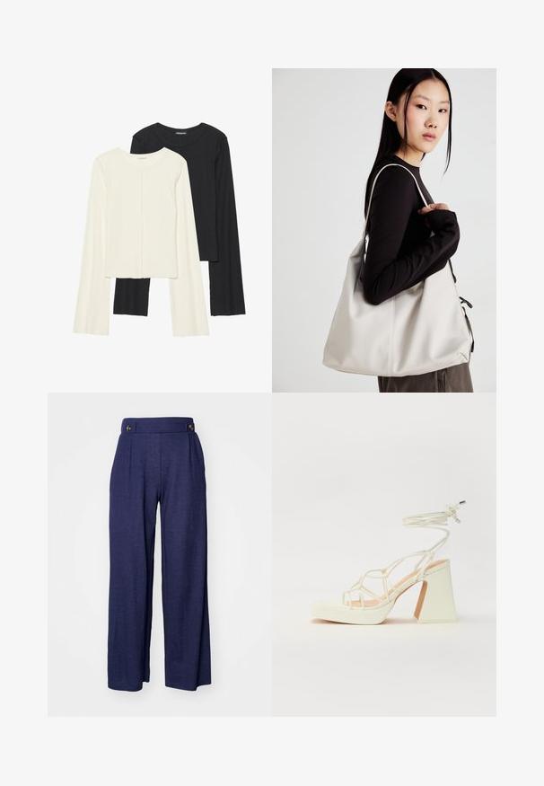 Zestaw dwóch bluzek z długim rękawem w kolorze białym i czarnym. Prążkowana struktura, okrągły dekolt, dopasowany fason z lekko rozszerzanymi rękawami.; Granatowe spodnie typu wide-leg wykonane z miękkiego materiału, z plisami i dwoma przednimi guzikami w pasie dla dodatkowego akcentu.; Biała sandał na wysokim obcasie z masywnym słupkiem, z paskowym wzorem i wiązaniem przy kostce. Gładka faktura z platformą z przodu dla dodatkowej wysokości.; Beżowa torebka wykonana z miękkiego materiału, charakteryzująca się luźnym fasonem, wyszywanymi detalami i dwoma uchwytami na ramię. Idealna na co dzień.