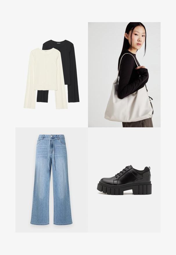 Zestaw dwóch bluzek z długim rękawem w kolorze białym i czarnym. Prążkowana struktura, okrągły dekolt, dopasowany fason z lekko rozszerzanymi rękawami.; Jasnoniebieskie dżinsy o szerokich nogawkach z wiązanym paskiem w talii, przednimi kieszeniami oraz klasycznym projektem z pięcioma kieszeniami i subtelnym wyblaknięciem.; Czarne skórzane buty na platformie z masywnym słupkowym obcasem, okrągłym noskiem i klasycznym sznurowaniem. Posiadają gładką teksturę i minimalne wykończenia.; Beżowa torebka wykonana z miękkiego materiału, charakteryzująca się luźnym fasonem, wyszywanymi detalami i dwoma uchwytami na ramię. Idealna na co dzień.