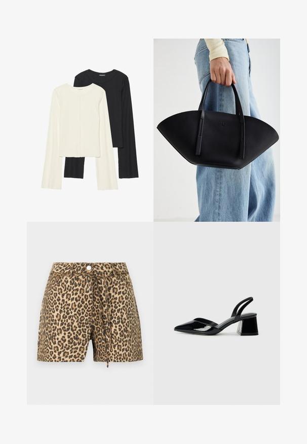 Divu garo piedurkņu tops komplekts baltā un melnā krāsā. Ribota tekstūra, apaļš kakls, pieguļoša dizaina ar nedaudz izplestām piedurknēm.; Raiba leopardu apdruka šorti ar bežīgu un brūnu krāsu shēmu, aprīkoti ar pogu aizdari, jostas cilpiņām un brīvu piegriezumu.; Melna lakota āda ar atvērto papēdi, ar smailu purngalu un ģeometrisku blokpapēdi. Iezīmējas elegants, minimāls dizains un gluda tekstūra.; Melnas ādas rokassoma ar unikālu ventilatora formu, aprīkota ar plakaniem rokturiem. Virsma ir ar graudainu faktūru un minimālistisku dizainu.