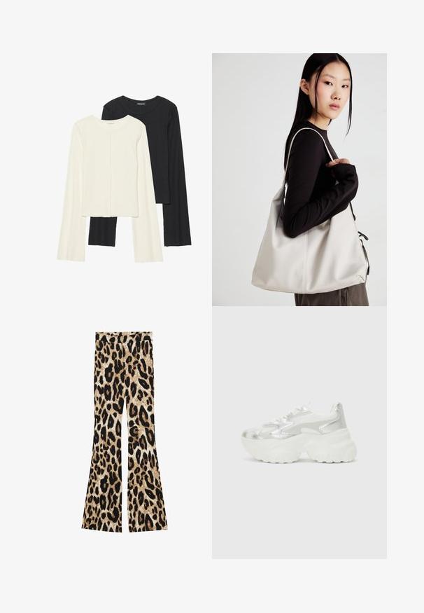 Set od dvije duge majice s dugim rukavima u bijeloj i crnoj boji. Rebrasta tekstura, okrugli izrez, uski kroj s blago raširenim rukavima.; Široke hlače s uzorkom tigra u crnim i smeškim tonovima, rebrastom teksturom i visokim strukom.; Srebrne tenisice s teksturiranim mrežastim gornjištem i iridescentnim akcentima, s debelim bijelim potplatom i vezanjem na vezice.; Bežna torba od mekog materijala s opuštenim dizajnom, šivanim detaljima i dva remena za rame. Pogodna za svakodnevnu upotrebu.