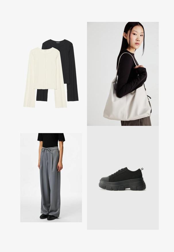 Divu garo piedurkņu tops komplekts baltā un melnā krāsā. Ribota tekstūra, apaļš kakls, pieguļoša dizaina ar nedaudz izplestām piedurknēm.; Gaiši pelēkas, svītrainas bikses ar brīvu piegriezumu, ar jostas saites detaļu un krokām, pārī ar melnām kurpēm.; Melnas kedas ar masīvu gumijas zoli, teksturētu auduma augšdaļu, apaļu purngalu un saistīšanas dizainu. Iekļautas pastiprinātas acs atveres un aizmugurējais cilpiņas siksniņa.; Bežs rokassoma, izgatavota no mīksta materiāla, ar brīvu dizainu, izšūtu apdari un divām plecu siksnām. Piemērota ikdienas lietošanai.