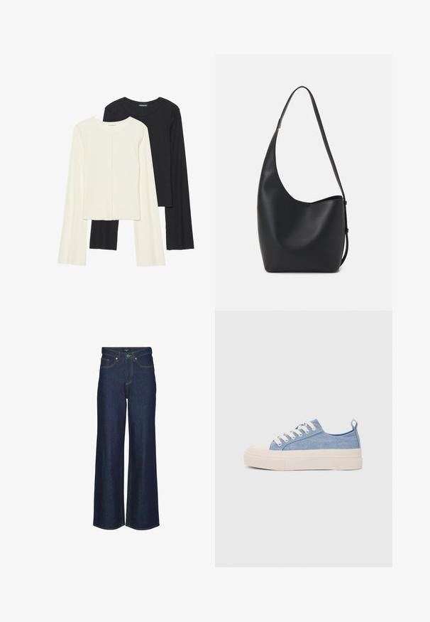 Sæt med to langærmede toppe i hvid og sort. Ribbet tekstur, rund halsudskæring, tætsiddende design med let udvidede ærmer.; Mørk denim brede bukser med høj talje, prydet med syninger, bæltestropper og forlommer. Glat tekstur, klassisk design.; Lyseblå lærredssneakers med en cremefarvet gummitåhætte og sål, udstyret med hvide snørebånd og en træksløjfe på hælen.; Sort læder hobo taske med en glat overflade, buet form og en enkelt justerbar rem; har en bred åbning øverst.