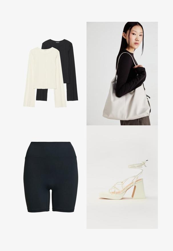 Divu garo piedurkņu tops komplekts baltā un melnā krāsā. Ribota tekstūra, apaļš kakls, pieguļoša dizaina ar nedaudz izplestām piedurknēm.; Melnas augstas vidukļa velosipēdistu šorti, kas izgatavoti no elastīga auduma, ar gludu tekstūru un bez redzamām apdrukām vai metāla detaļām.; Baltas augstpapēžu sandales ar masīvu papēdi, ar siksnu dizainu un potītes saistītiem elementiem. Gluda tekstūra ar platformu priekšpusē, lai nodrošinātu papildu augstumu.; Bežs rokassoma, izgatavota no mīksta materiāla, ar brīvu dizainu, izšūtu apdari un divām plecu siksnām. Piemērota ikdienas lietošanai.