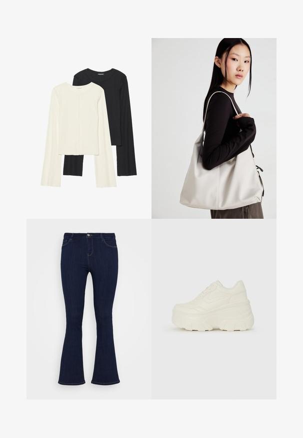 Nabor dveh dolgih rokavov v beli in črni barvi. Žameten vzorec, okrogla ovratnica, prilegajoča zasnova z rahlo razširjenimi rokavi.; Temno modri jeans z visokim pasom, ki se oprimejo stegen in imajo rahlo široke hlačnice na dnu, z sprednjimi žepi in gumbom za zapiranje.; Bele platformske tene z belim zgornjim delom, ki spominja na usnje, okroglo obliko, oblazinjen ovratnik ter gumo z teksturo na podplatu z izrazitimi profili.; Bežna torbica iz mehkega materiala, z ohlapno zasnovo, šivi in dvema naramnicama. Primerna za vsakodnevno uporabo.