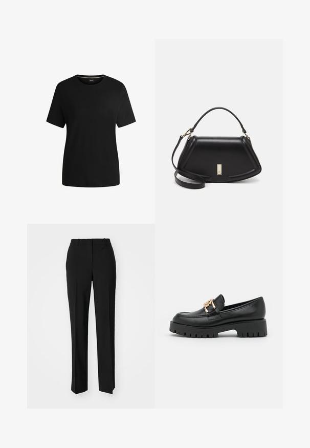 Camiseta negra de manga corta hecha de suave algodón, con cuello redondo y una textura lisa. Diseño simple sin patrones ni acentos.; Pantalones negros ajustados con un diseño de pierna recta, que presentan una textura suave y pliegues nítidos en el frente. Sin herrajes visibles.; Mocasín de cuero negro con suela gruesa y acentos de hardware dorado; cuenta con punta redondeada y detalles de costura a lo largo de la parte superior.; Bolso de mano de cuero negro con un diseño estructurado, que presenta una forma recortada, asa superior y acentos en dorado. Correa de hombro ajustable incluida.